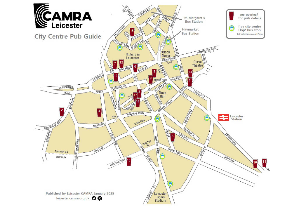 Map of Leicester City centre showing pubs selling Real Ale
