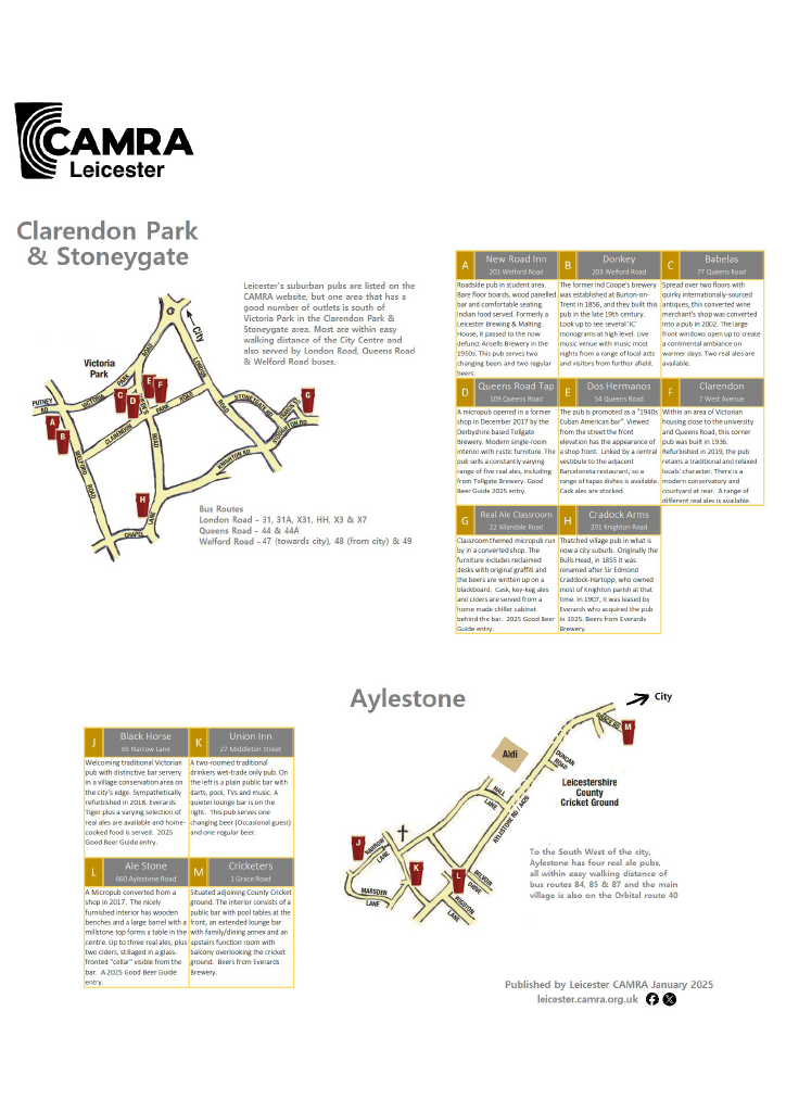 Small maps of Clarendon Park and Stoneygate and of Aylestone showing pubs